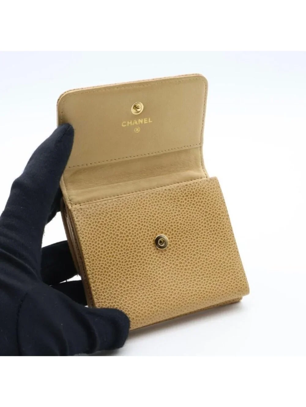 Chanel Super Caviar Leather CC Logo Snap Trifold Wallet